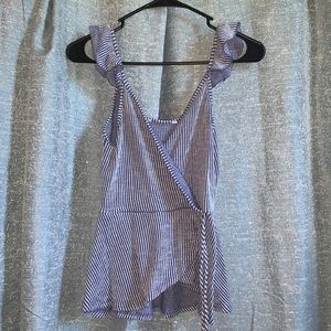 Striped ruffle V neck tank with tie